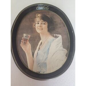 Vintage Coca Cola Serving Tray Round Metal Art Nouveau Woman Drink Advertisement